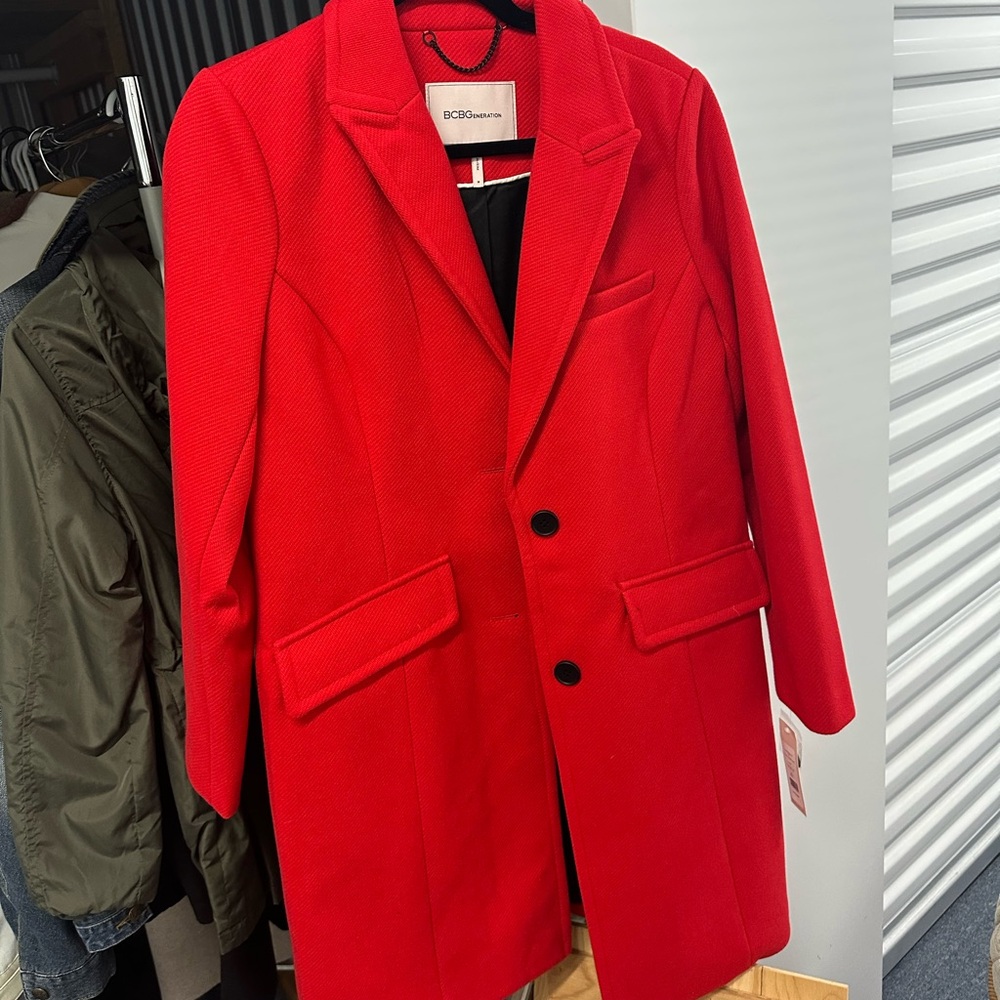 BCBG Cherry Red Pea Coat. Brand new. Size Medium. Spring Red Coat Jacket